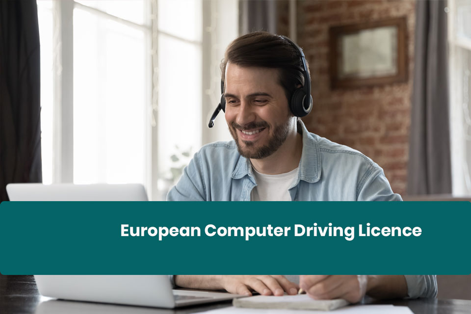 Ma at a LAPTOP With the words European Computer Driving Licence across the screen